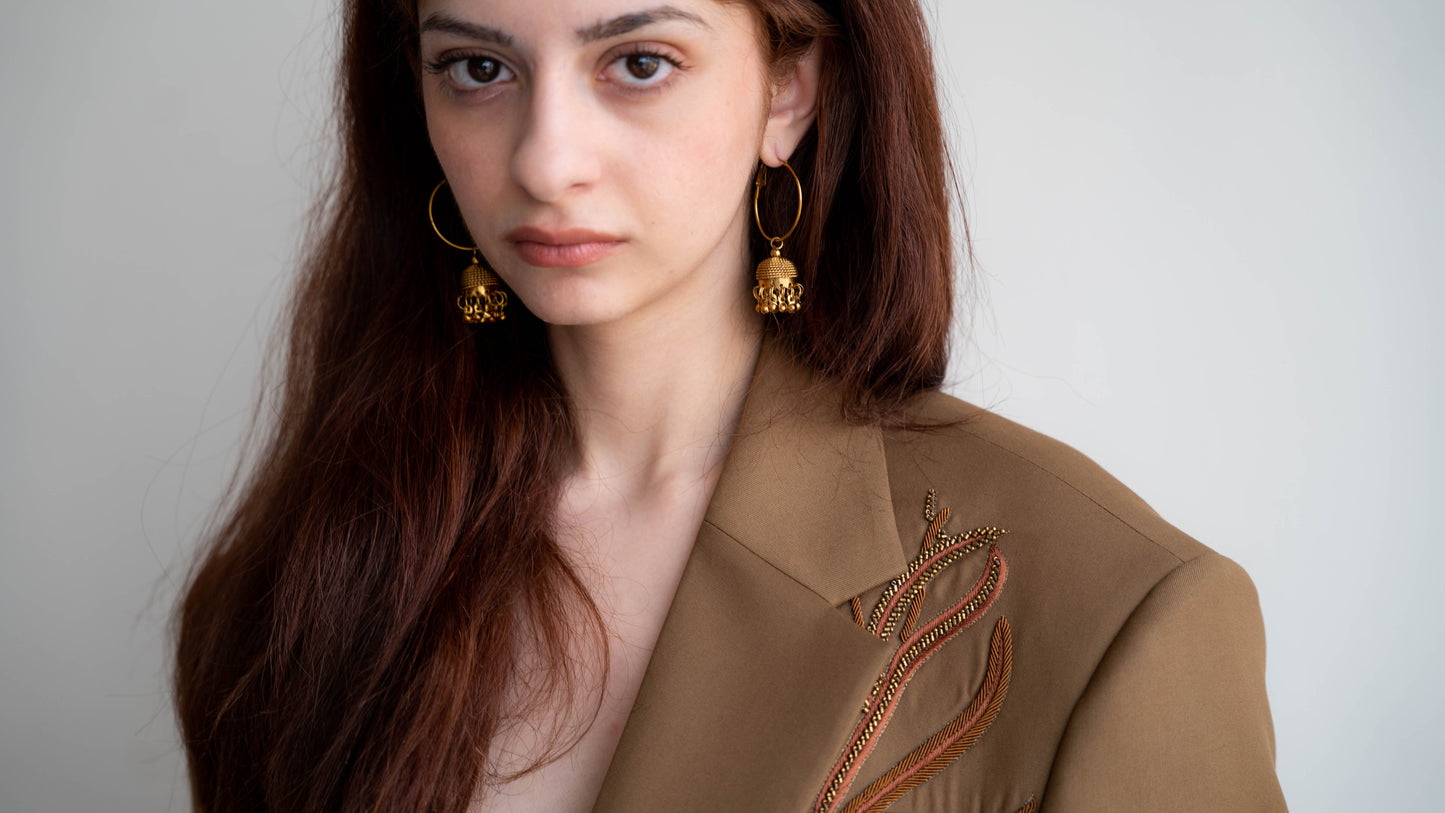 Hand Embroidered Oversized Suit in Coconut Husk Brown